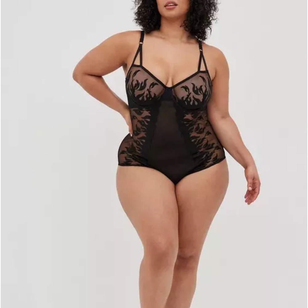 Torrid Black Sheer Lingerie Bodysuit with Flame Pattern